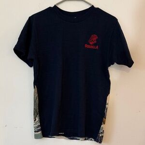 Navy Godzilla Graphic Tee with Wave and Godzilla in the back